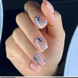 FWS Artificial Press On Nails Art Set, Reusable Stick On Nails Matte Nude Golden Chrome Swirls Shape Medium Square (Set Of 20) With Nail Glue, Nail file, cuticle pusher, cleaning wipe-image-85