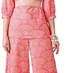globus Women Shirt Collar Puff Sleeves Abstract Print Tunic with Palazzos & Embroidered Belt Fusion Co-Ord Set-picture-13