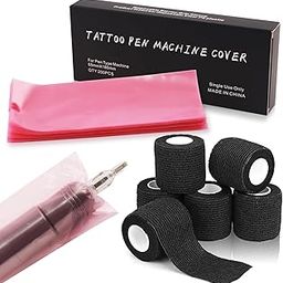 SHIELD PLUS Tattoo Pen Covers(200 PCS) with 6PCS Grip Tape - Machine Wrap Cover Pink Pen Bags Pen Sleeves Machine Sleeves with Black Grip Wrap Self-Adherent Tape Plastic Covers-11
