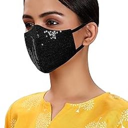 By Q-One 4 Layer Washable, Reusable, Size Adjustable, Anti-Bacterial (BFE>99%) Embroidered Satin Cloth Face Mask Combo for Women, Girls ​with Detachable Chain & Mask Bag (Black-Large-Pack of 1)-70