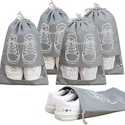 Non-Woven Fabric Shoes Storage Bag for Travel | Dust Proof Shoe Bag for Household Storage (Grey, Pack of 5)-14