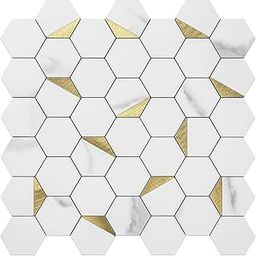 ASKCREW Hexagon Tile Peel and Stick Backsplash, White Marble Look PVC Mixed Golden Metal Mosaic Tiles for Kitchen and Bathroom (8)-image-14