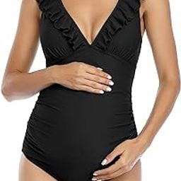 Maternity Swimsuit V-Neck One Piece Swimsuit Ruffled Lace Up Monokini (Color : Black, Size : XL)-image-28