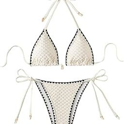 Women 2 Piece Halter Bikini Set Contrast Binding Side Bottom Bikini Set-image-6
