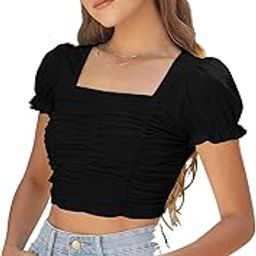 Women's Solid | Floral Puff Sleeve Elastic Crop Top with Square Neckline Ruched Design Lightweight Stylish Top for Western Casual Everyday Wear-image-72