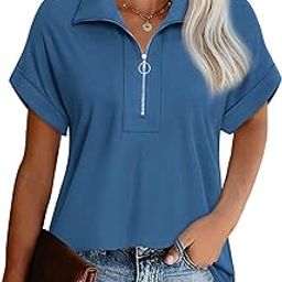 Womens Polo Shirts Women's Short Sleeve Tops and Blouses Zippered Collared Business Casual Tops Loose Fit Work Polo, Capri Blue, Medium-image-16