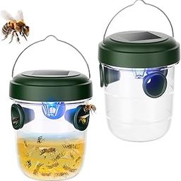 Wasp Traps Outdoor Hanging 2 Packs, Solar Powered Carpenter Bee Trap Yellow Jacket Hornet Catcher with LED Light, Reusable Wasp Deterrent Outdoor for Garden, Patio, Backyard, Camping-image-2