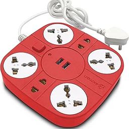 Axmon Extension Board with USB Port [FIRE Resistant] [6 Socket 2 USB Ports] 10 Amp Heavy Duty Multi Plug Extension Cord for Office Home with [1.8 Meter Power Cord] - RED-23