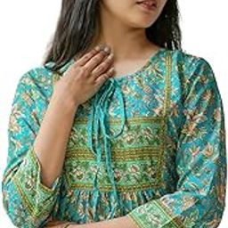 Women's Floral Placement Printed Short Kurti (Blue)-0