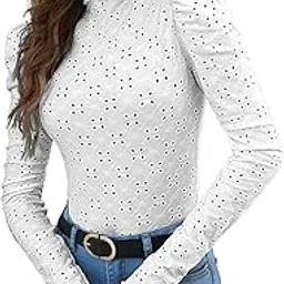 sugathari Girl's & Women's Spring/Summer Slim Fit High Neck T-Shirt with Stand Collar, Cap Sleeves and Eyelet Embroidery Frill Trim Tee Textured Sheer Fabric (T-Shirts 194 $P)-picture-14
