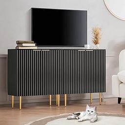 Modern TV Stand Console Cabinet, 40D x 145W x 87H Centimeters, 4-Door Storage Unit with Gold Metal Legs, Ribbed Panel Design, Black-image-61