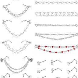 Nose Chain Piercing Across Nose Surgical Steel Nostril Piercing Jewelry CZ L Shaped Nose Studs and Heart Chain 20g Nose Chain Piercing for Women-image-37