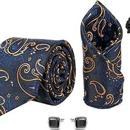 Men's Casual Style Paisley Micro Wooven Silk Necktie Gift Set Pocket Square Cufflinks & Brooch Pin Tie For Men With Box (Pack Of 4) (Ax11_10, Navy Blue Gold)-45