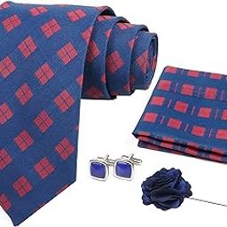 Mens Plaid Micro Self Silk Necktie Gift Set With Pocket Square Cufflinks & Brooch Pin Formal Tie With Box (SLKP_11, Blue)-image-66