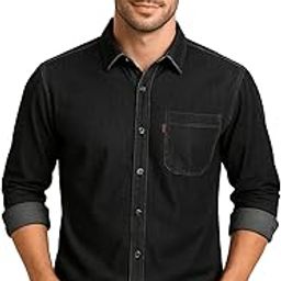 Men's Long Sleeve Button-Down Denim Shirt, Charcoal Grey, Contrast Stitching, Chest Pocket-image-67