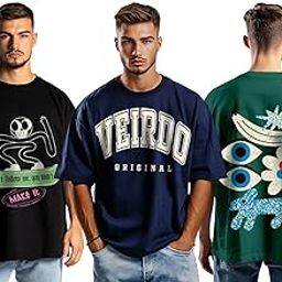 100% Pure Cotton Oversized Baggy Fit Half Sleeve Printed Round Neck Multicolor Drop Shoulder T-Shirt for Men & Boys (Pack of 3)-picture-2