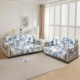 HOKIPO Printed Quilted Sofa Cover 5 Seater Fully Covered 3+2 Seater with Pockets, Celadon Blue Camellia (IN-812 + IN-813-D8)-image-20