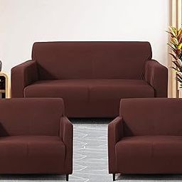 Gifts Island® Sofa Cover 3 Seater and 2 Seater Fully Covered Universal 5 Seater Sofa Cover Non-Slip Sticky Elastic Stretchable Sofa Set Slipcover Protector for (3+1+1 Seater), Brown Solid Plain-image-18