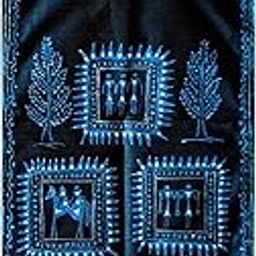 Hand Painted Saura Chitra khadi silk scarf for women, blue on black base S-Scarf-003-image-2
