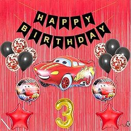 3rd Car Theme Happy Birthday Banner Decoration Black for 3 year Old Baby Boys Girls Kids 5 Pc Lightning Macqueen Theme 10 Pc Confetti Balloons Foil Curtain Kit Combo Set Items 2 Pc Red Star-18