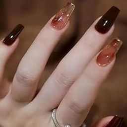 Secret Lives Acrylic Press on Nails Designer Reusable Artificial Nail Extension Light Brown and Dark Brown Color with Golden Glitter 24 Pieces Set with Kit-43