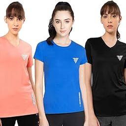 Women's Slim Fit Dry Fit Round Neck Sports T-Shirt | Quick Dry, Sweat-Wicking & Lightweight Activewear | Stretchable & Gym, Running, Yoga, Workout & Casual Wear Tee (Pack of 3) Multicolor M-N-image-73