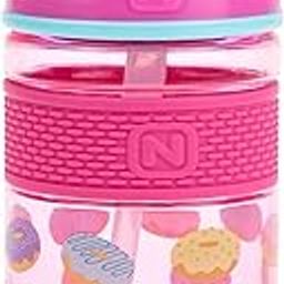 Nuby Thirsty Kids Flip-it Freestyle On The Go Water Bottle with Bite Resistant Hard Straw Cup and Easy Grip Band, Pink Donuts, 12 Ounce-15