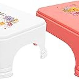 Homestic Floral Print 2 Pieces Plastic Bathroom Stool, Pink & White-image-12