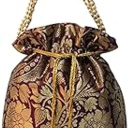 Banarasi Silk Brocade Potli Bag Purse With Base Drawstring Women's handbag with Pearl Handle & Tassel Weddings-40