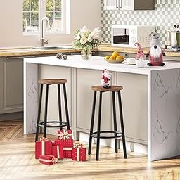 Priti Bar Stools, Set of 2 Bar Chairs, Kitchen Round Height Stools with Footrest, Breakfast Bar Stools, Sturdy Steel Frame, for Dining Room, Kitchen, Party, Easy Assembly, Rustic Brown-0