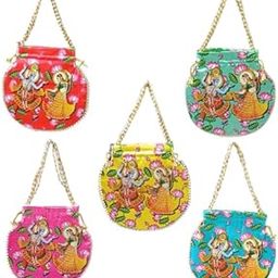 Ethnic Potli Bag with Radha Krishna Print – Traditional Indian Handbag with Beaded Handle for Women – Wedding, Puja, Festival Gift Bag Pack of 5-image-14