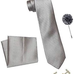 Men's Micro Polyester Dotted Necktie Set with Pocket Square, Brooch Pin and Cufflinks (Grey, Free Size)-picture-13