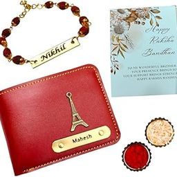 Personalised Wallet & Rakhi Combo with Rakhsha Bandan Card, Customised Metal Rakhi, Rudraksh Rakhi Bracklet & Wallet Combo (Red)-image-9