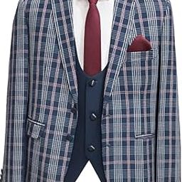 Men's 3-Piece Designer Suit, Navy Blue with Ckeck-Pain Accents, Regular Fit, Single-Breasted-image-24