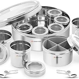 Human Hydro 12-in-1 Stainless Steel Masala Dabba | Spice Box with Partitioned Middle Container & 3 Spoons | See-Through Lid | Masala Dani for Kitchen (22 cm, Silver)-picture-25