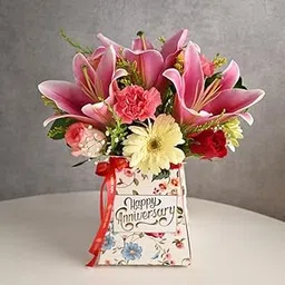 FlowerAura Fresh Live Flower Bouquet In Happy Anniversary Box of 3 Carnation, 6 Rose, 3 Gerbera & 1 Lily Anniversary Gift For Girlfriend, Boyfriend, Wife, Husband, Parents, Friends (Same Day Delivery)-picture-10