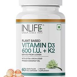 INLIFE Plant Based Vitamin D3 K2 Supplement from Lichen Source with Extra Virgin Cold Pressed Coconut Oil for Bone Health & Immune Support, 600 IU - 60 Vegetarian Capsules (Pack of 1)-7