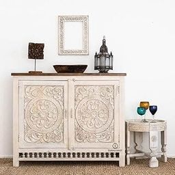 Carved Wood Storage Cabinet Whitewashed Finish Accent Cabinet with Ornate Medallion Design, Double Doors Shelf and Spindle Base, Handcrafted Solid Wood Furniture for Living Room-image-19