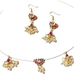 Level up point- Meenakari lotus shape pendant with Pearl Floral Necklace Set with Earrings, Traditional Style, Invisible Chain-6