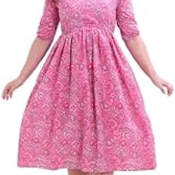 Women and Girls fit and Flare Geometric Printed Pure Cotton Long anrkali Kurta with TPSsels tieup Sleeve Pink-image-72