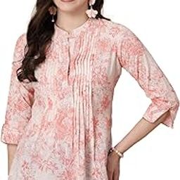Peach Colored Cotton Floral Printed Shirt Style Tops with Pintex Yoke,3/4 Sleeves,Mandrain Neck,ShirtStyle Tops,Cotton, Floral Printed,Causal Wear-image-94