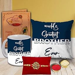 AWANI TRENDS Rakhi Gift for Brother Raksha Bandhan Gift Hamper World Greatest Brother Ever Printed Cushion Pillow (12 * 12 Inch) Ceramic Mug Rakhi Greeting Card Roli Set Birthday Gift for Brother-12