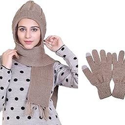 Combo Set of Soft Knitted Winter Warm Woolen Cap with Woolen Lovely Muffler|Fur Cap with Muffler and Touchscreen Finger Woolen Gloves-image-68
