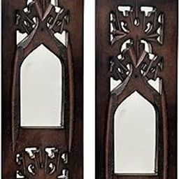 WHF Wood Painted Wall Hanging Jharokha Inside Mirror, Wooden Wall Hanging, Wooden Wall Panel (11.5 Cm, Natural) Set of Two (Rectangular) (Framed)-28