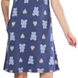 Cotton Teddy Print Nighty Knee Length Short Sleeves Nightgown Night Dress Double Pocket Sleepwear Nightwear Nightdress Loungewear for Women and Girls-image-27