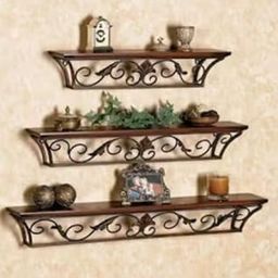 F.a.a enterprises Decorative Wall Mounted Floating Shelves, 3-Tier Wood and Metal Scroll Design, Brown-image-4
