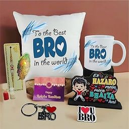 PICRAZEE Raksha Bandhan Gift for Brother – Rakhi, 12” Cushion with Filler, Mug, Table Standy, Roli-Chawal Bottles, Keyring, Fridge Magnet & Greeting Card-image-4
