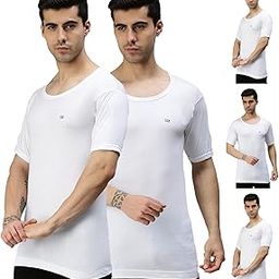 Men's White Round Neck Half Sleeves 100% Cotton Vest with Extended Length for Easy Tuck (Pack of 5)-image-59