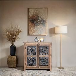 Kraft Creations Wooden Storage Cabinet with Carved Blue Floral Panels, 2-Door Design with Brass Handles-image-54