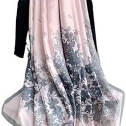 Elegant Floral Print Silk satin Stole, Pink and Grey, Large Rectangle Scarf for Women,Pink Stole-image-30
